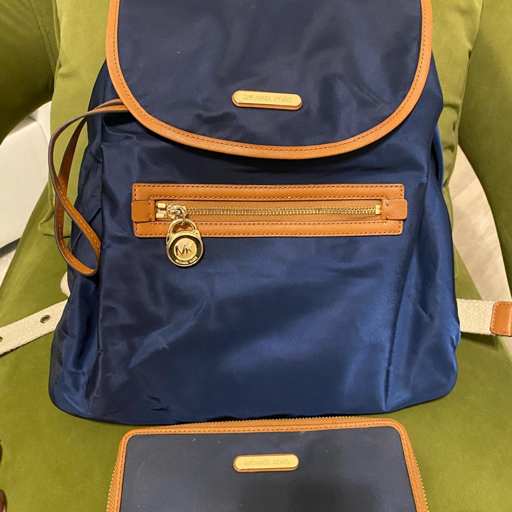 Michael Kors Navy Blue Backpack and wallet set